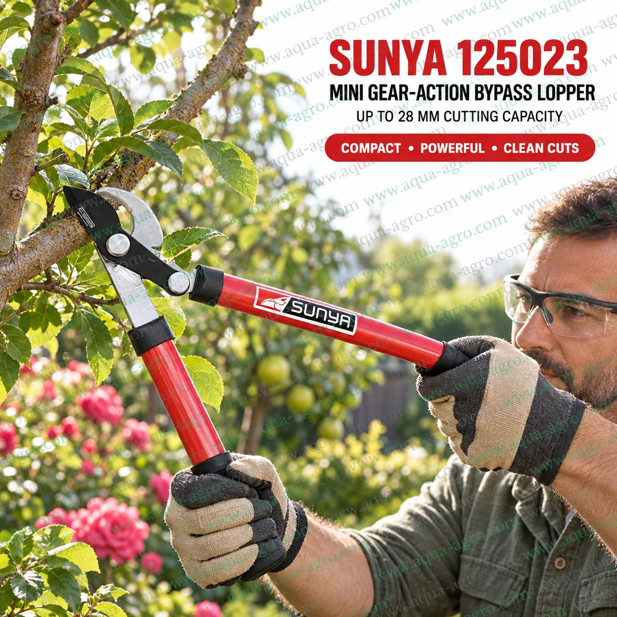 SUNYA Taiwan 125023 mini gear action bypass lopper use and care guide showing 28mm branch cutting proper two hand operation blade cleaning oiling and maintenance