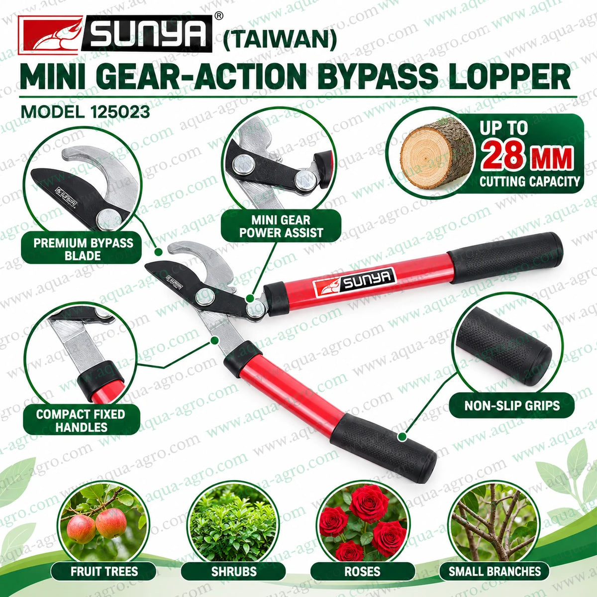 SUNYA 125023 mini gear action bypass lopper with premium bypass blade mini gear power assist compact fixed handles non slip grips and 28mm cutting capacity