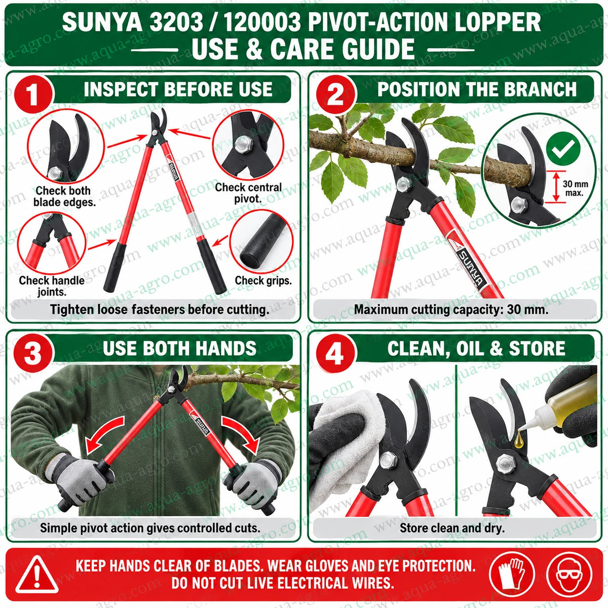 SUNYA 3203 120003 premium bypass lopper with 30mm cutting capacity simple pivot action slim fixed handles comfortable grips for fruit tree shrub and garden pruning