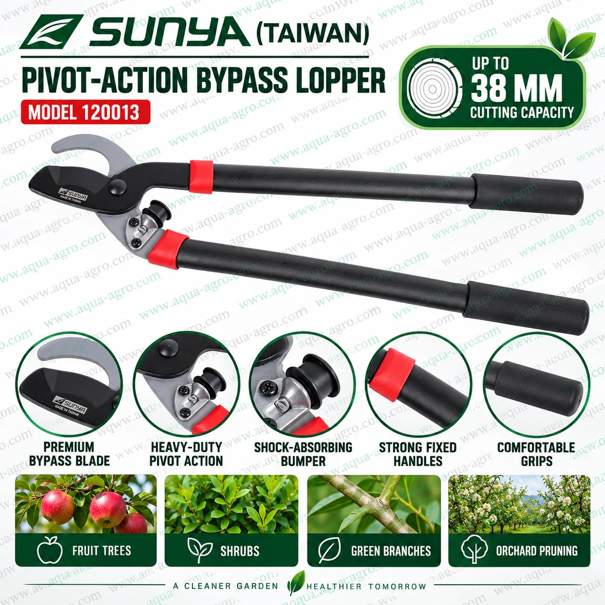 SUNYA 120013 pivot action bypass lopper use and care guide with 38mm cutting capacity premium pruning blade controlled cutting operation cleaning oiling and maintenance instructions