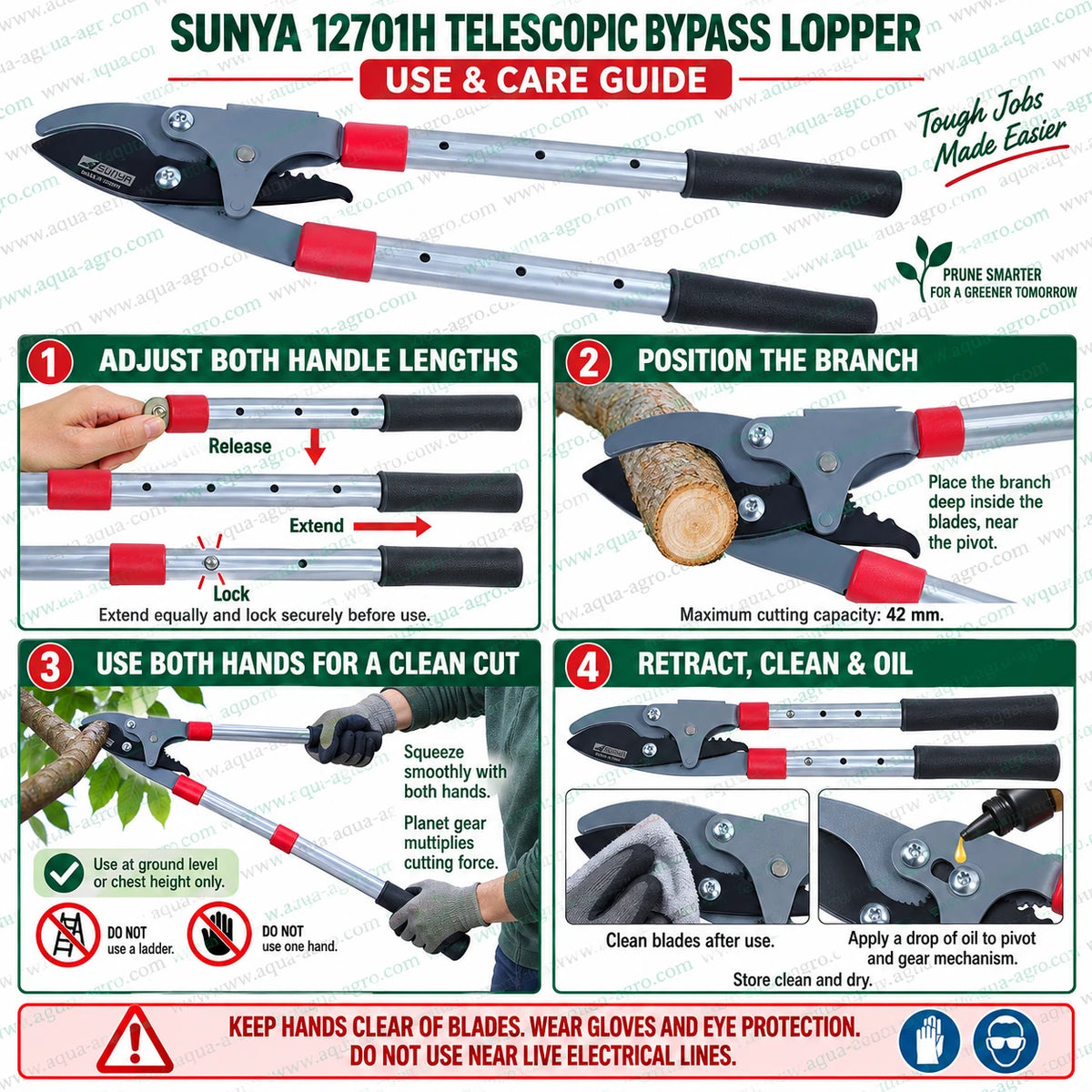SUNYA Taiwan 12701H telescopic planet gear bypass lopper use and care guide showing extendable handle adjustment 42mm branch cutting blade cleaning and pivot lubrication
