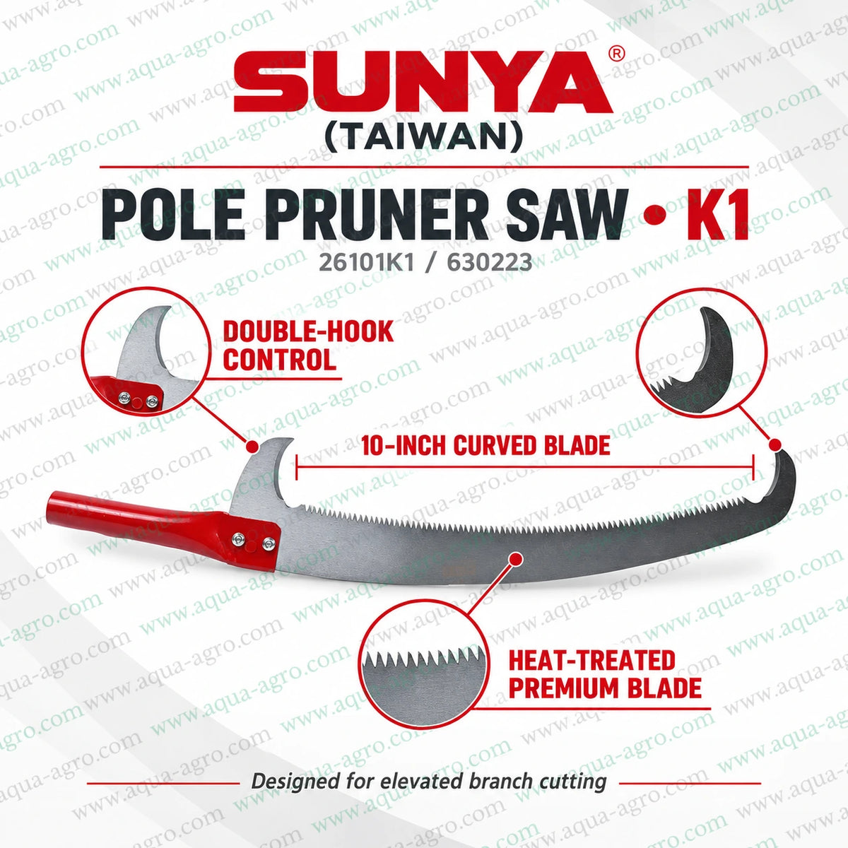 SUNYA Taiwan K1 10 inch premium curved pole pruner saw 26101K1 630223 with double hook control and heat treated pruning blade for tree branch cutting