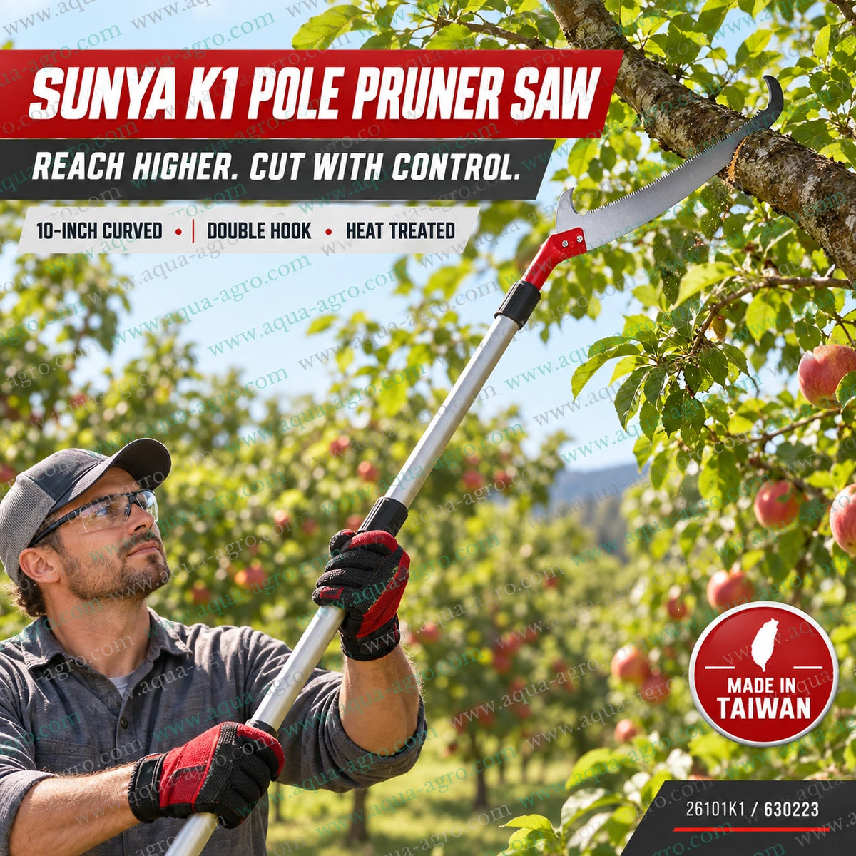 SUNYA Taiwan K1 10 inch curved pole pruning saw with double hook heat treated blade for high reach tree pruning orchard maintenance and elevated branch cutting