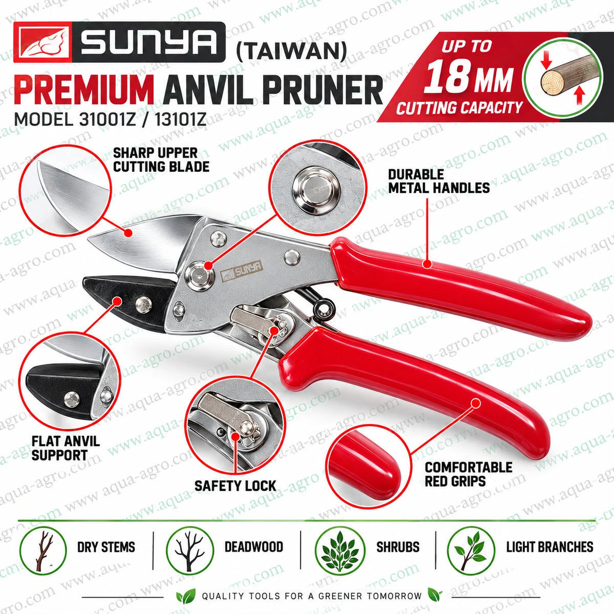 SUNYA 31001Z premium anvil pruning shear use and care guide with 18mm cutting capacity for dry stems deadwood shrubs and light branches