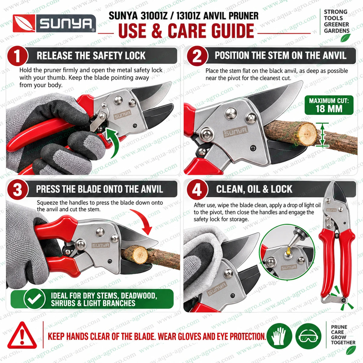 SUNYA Taiwan 31001Z premium anvil secateur with sharp upper cutting blade flat anvil support metal handles safety lock red grips and 18mm cutting capacity