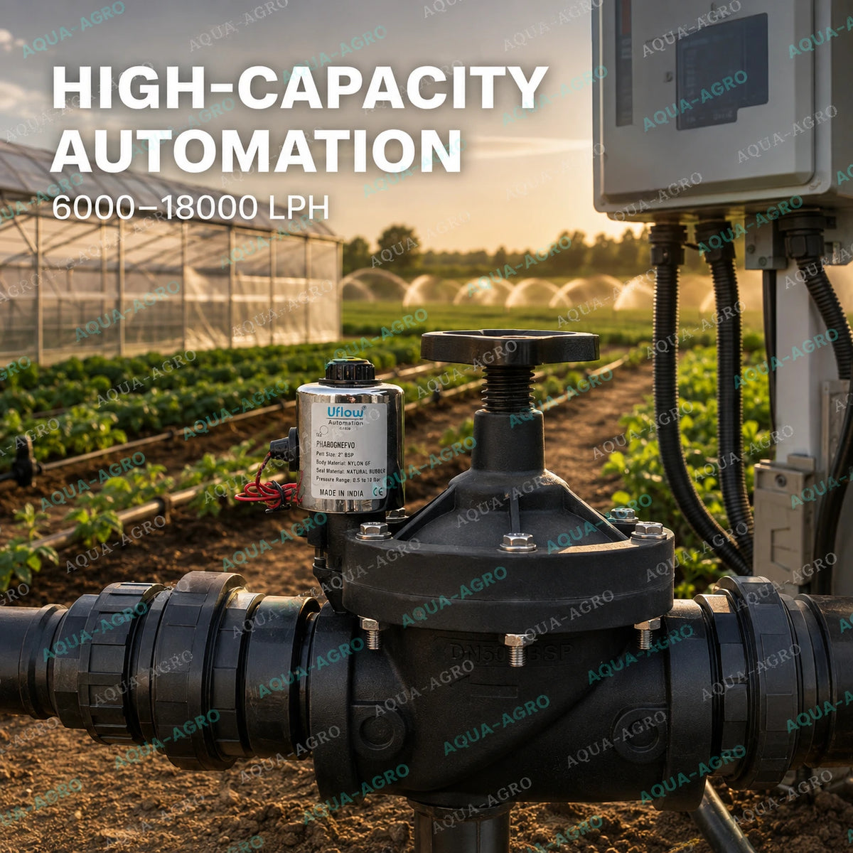U-FLOW 2 inch 63mm 230 VAC high flow solenoid valve with adjustable flow control installed in automatic agricultural irrigation system for high capacity zone automation