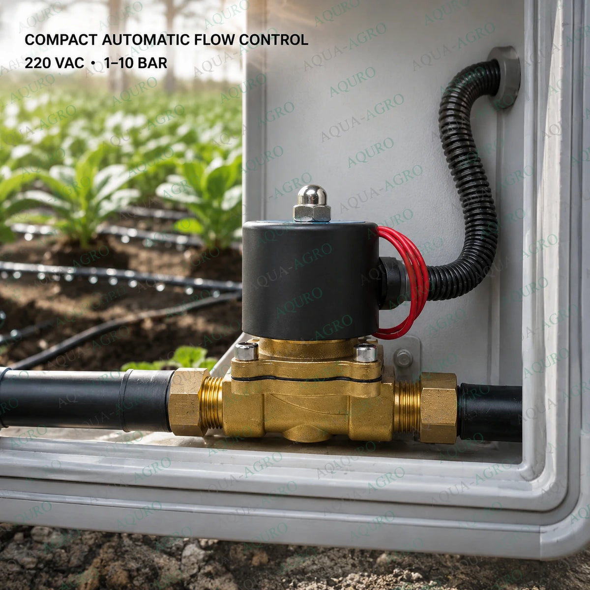 U-FLOW 0.5 inch 20mm 220 VAC brass solenoid valve installed in an automatic drip irrigation system for reliable agricultural water flow and zone control