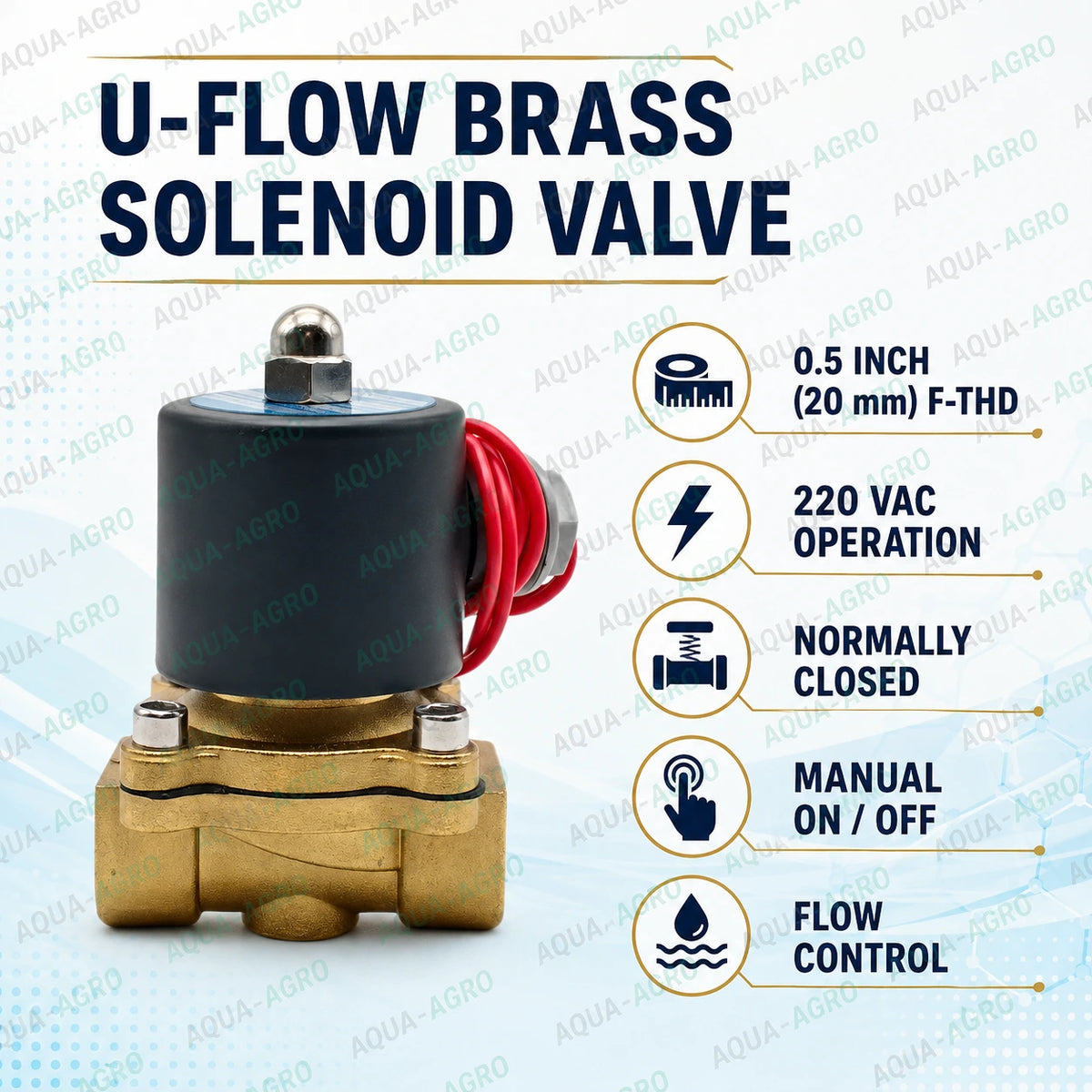 U-FLOW 0.5 inch 20mm female threaded brass solenoid valve with 220 VAC coil normally closed operation for automatic irrigation and water flow control