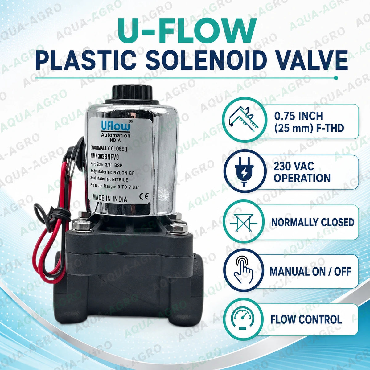 U-FLOW 0.75 inch 25mm 230 VAC solenoid valve with flow control installed in automatic irrigation system for reliable zone automation 300 to 2500 LPH