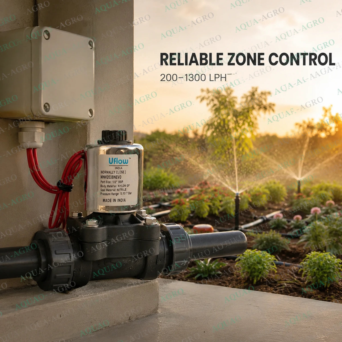 U-FLOW 0.5 inch 20mm 230 VAC solenoid valve with flow control installed in automatic garden irrigation system for reliable zone control 200 to 1300 LPH