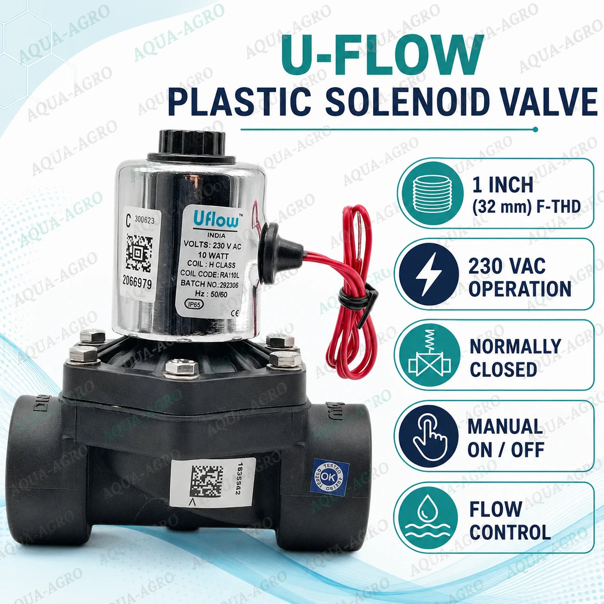U-FLOW 1 inch 32mm 230 VAC plastic solenoid valve with flow control installed in irrigation automation system for higher flow zone control 500 to 4000 LPH