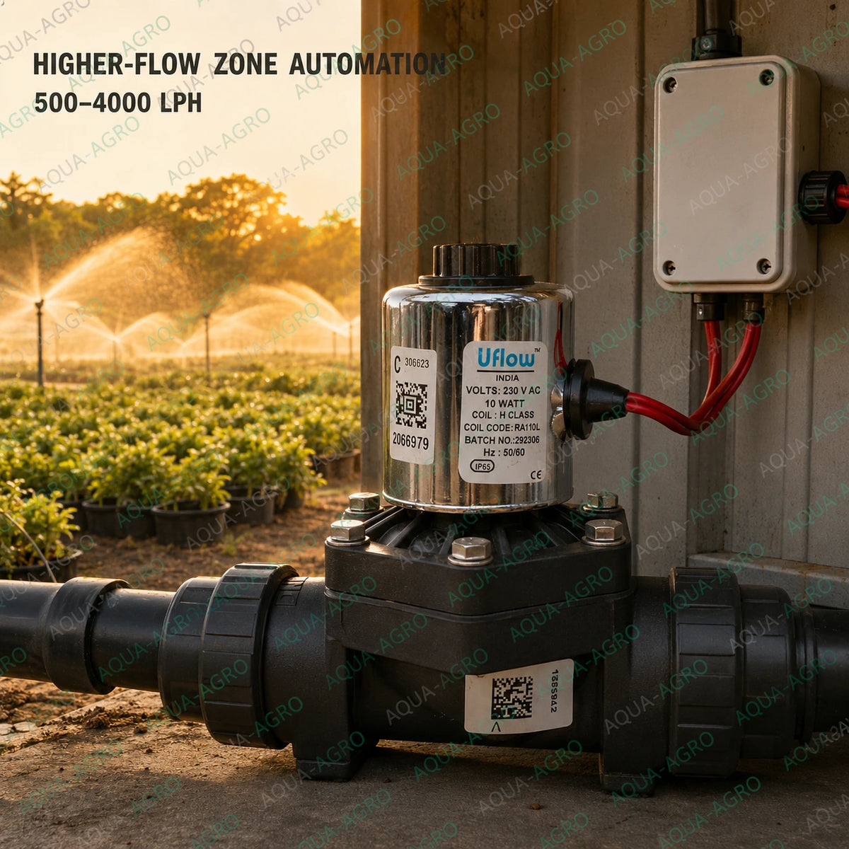 U-FLOW 1 inch 32mm female threaded plastic solenoid valve with 230 VAC coil normally closed operation and flow control for automatic irrigation zone control