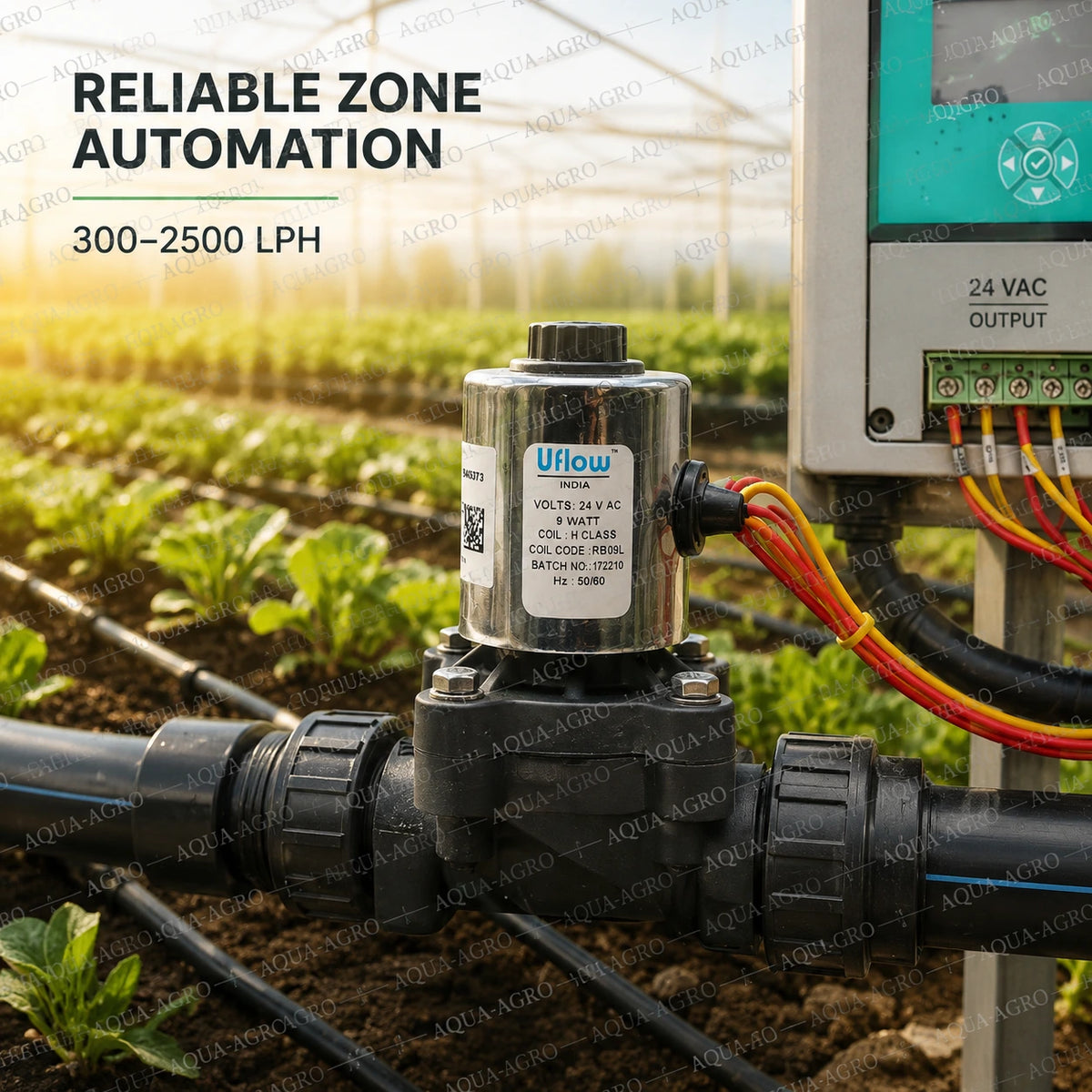 U-FLOW 0.75 inch 25mm 24 VAC irrigation solenoid valve installed in greenhouse drip irrigation system with flow control for reliable agricultural irrigation zone automation