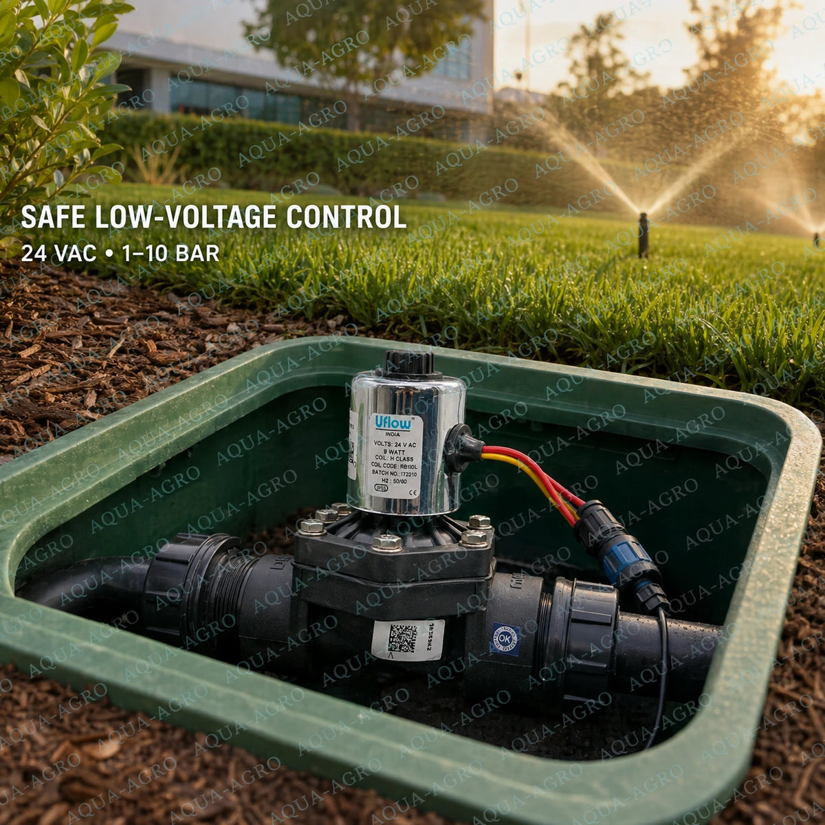 U-FLOW 1 inch 32mm 24 VAC plastic solenoid valve installed in irrigation valve box with flow control for lawn sprinkler landscape garden and automatic irrigation systems