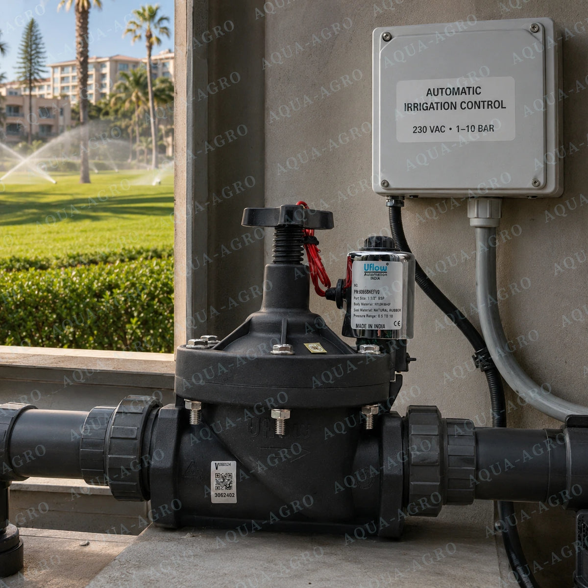 U-FLOW 1.5 inch 50mm 230 VAC solenoid valve with manual override and flow control installed in automatic landscape irrigation system for sprinkler zone water control