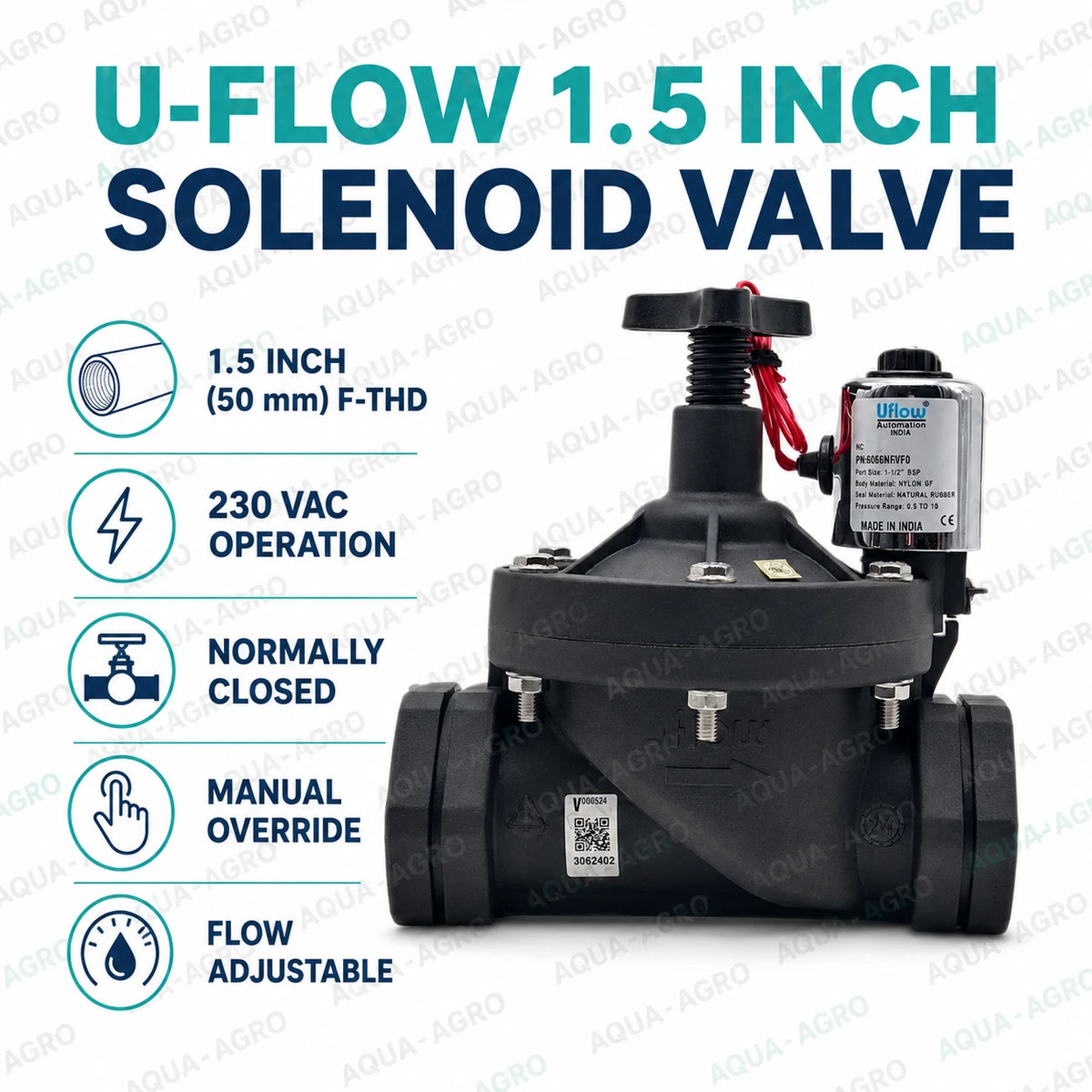 U-FLOW 1.5 inch 50mm female threaded solenoid valve with 230 VAC coil normally closed operation manual override and adjustable flow control for irrigation automation systems