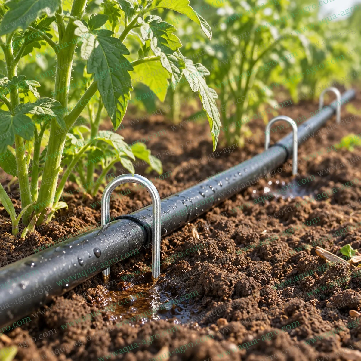 XERITECH metal ground clamp tie down stake securing 12mm 16mm and 20mm drip tube in agricultural field irrigation system