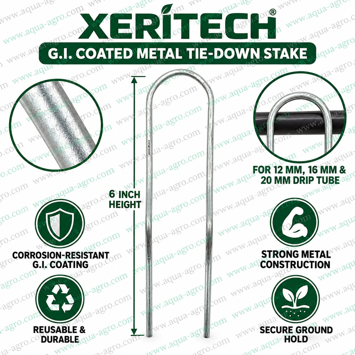 XERITECH GI coated metal tie down stake ground clamp 6 inch drip tube holder suitable for 12mm 16mm and 20mm drip irrigation pipe