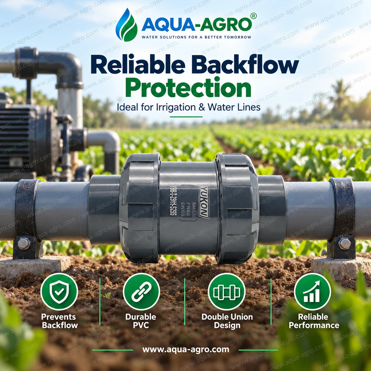 YUKON 2 inch 63mm plastic flap check non return valve with double union plain socket installed in agricultural irrigation pipeline for reliable backflow protection