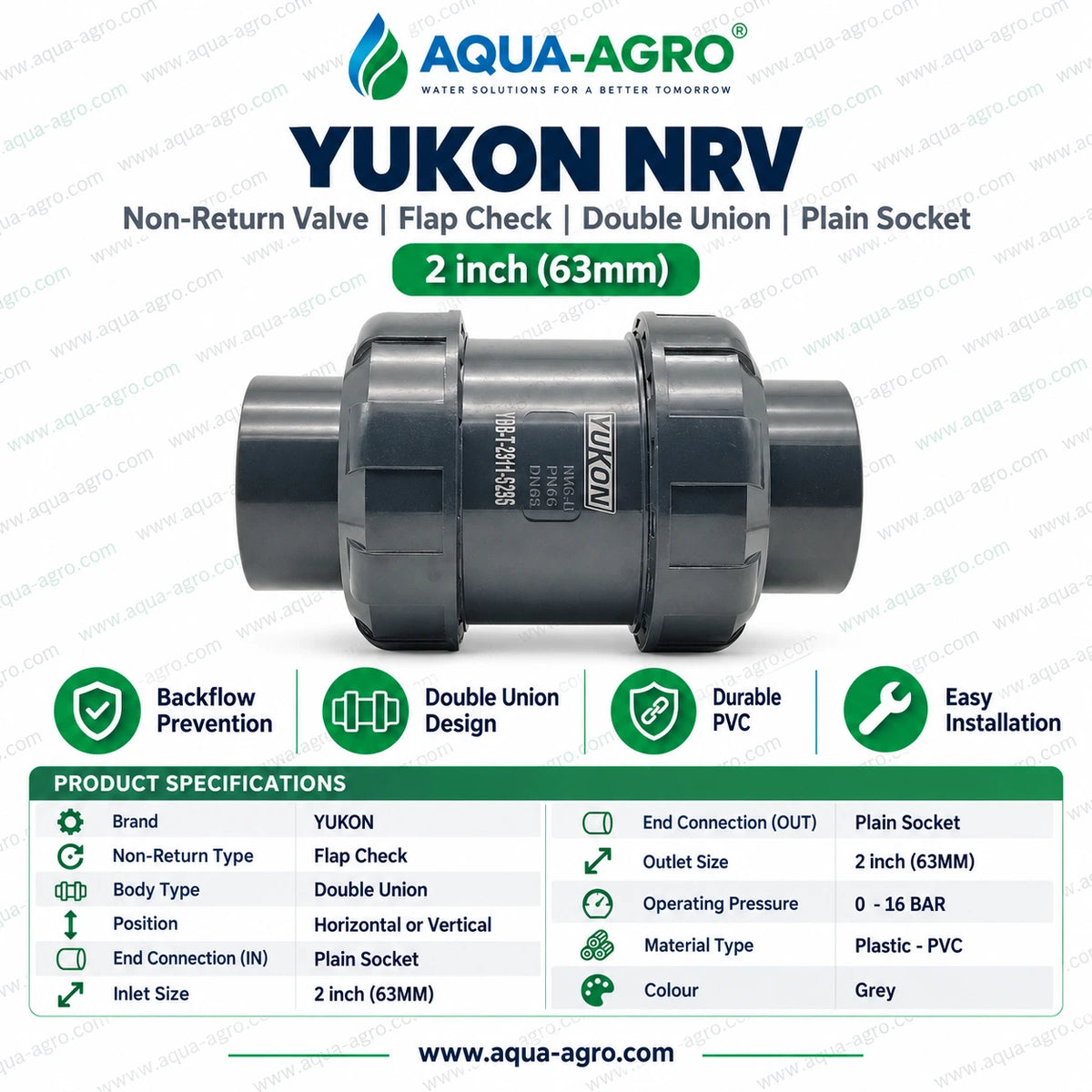 YUKON 2 inch 63mm plastic flap check non return valve with double union plain socket 0 to 16 bar for irrigation and water supply systems