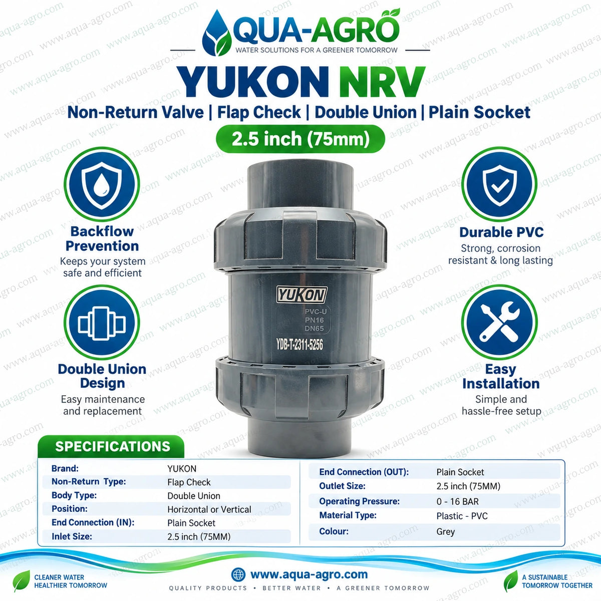 YUKON 2.5 inch 75mm plastic flap check non return valve with double union plain socket 0 to 16 bar for irrigation water supply and industrial applications