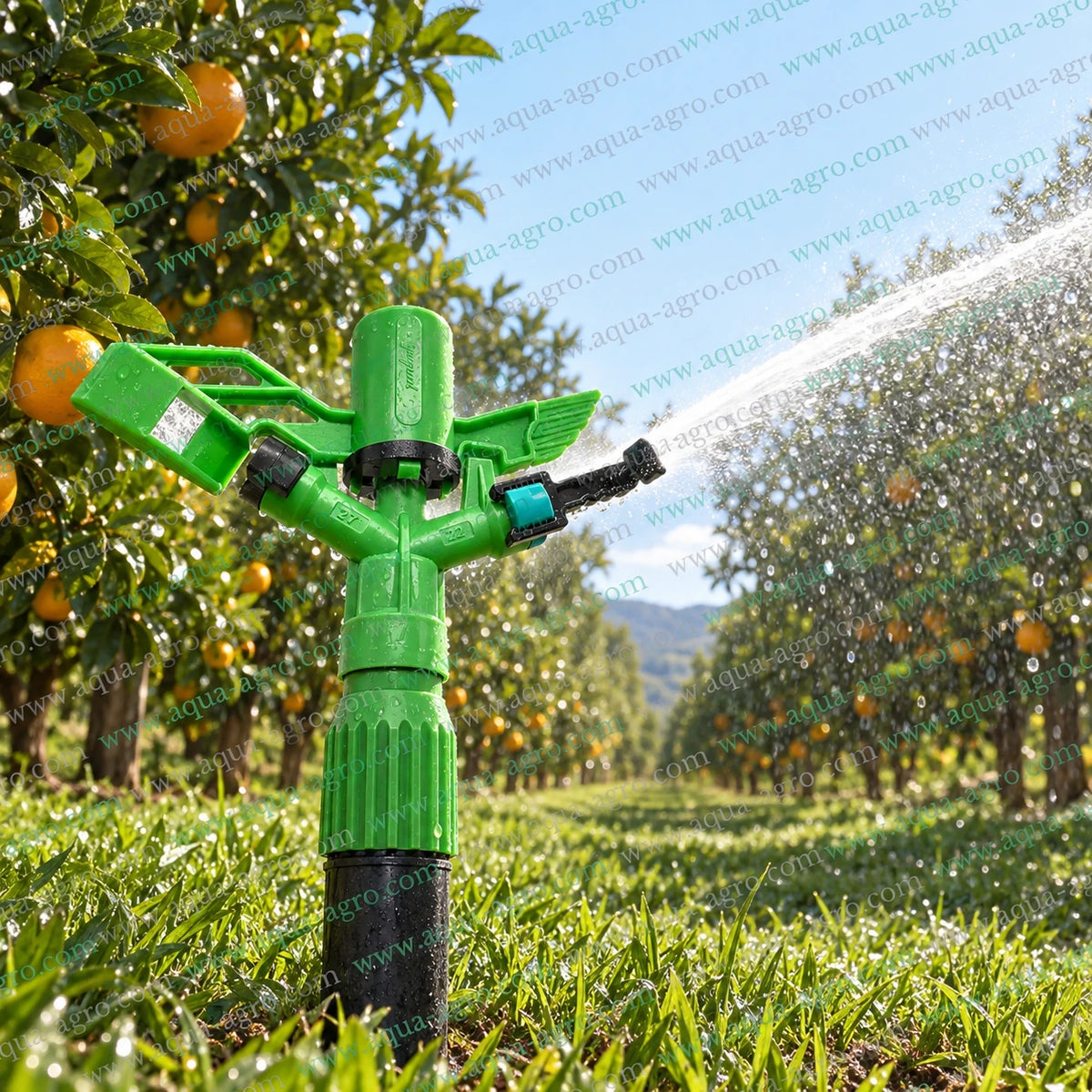 YUZUAK Turkey ATOM-15-FC plastic full circle impact sprinkler irrigating orchard and agricultural field 45 to 60 feet radius 2400 to 3650 LPH 1 inch 32mm female threaded inlet