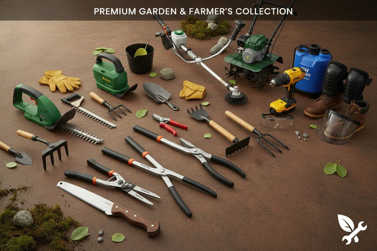 FARM AND GARDEN TOOLS, hand tools, power tools, mechanised tools, protectiveequipments, cultivators, pruners, mowers