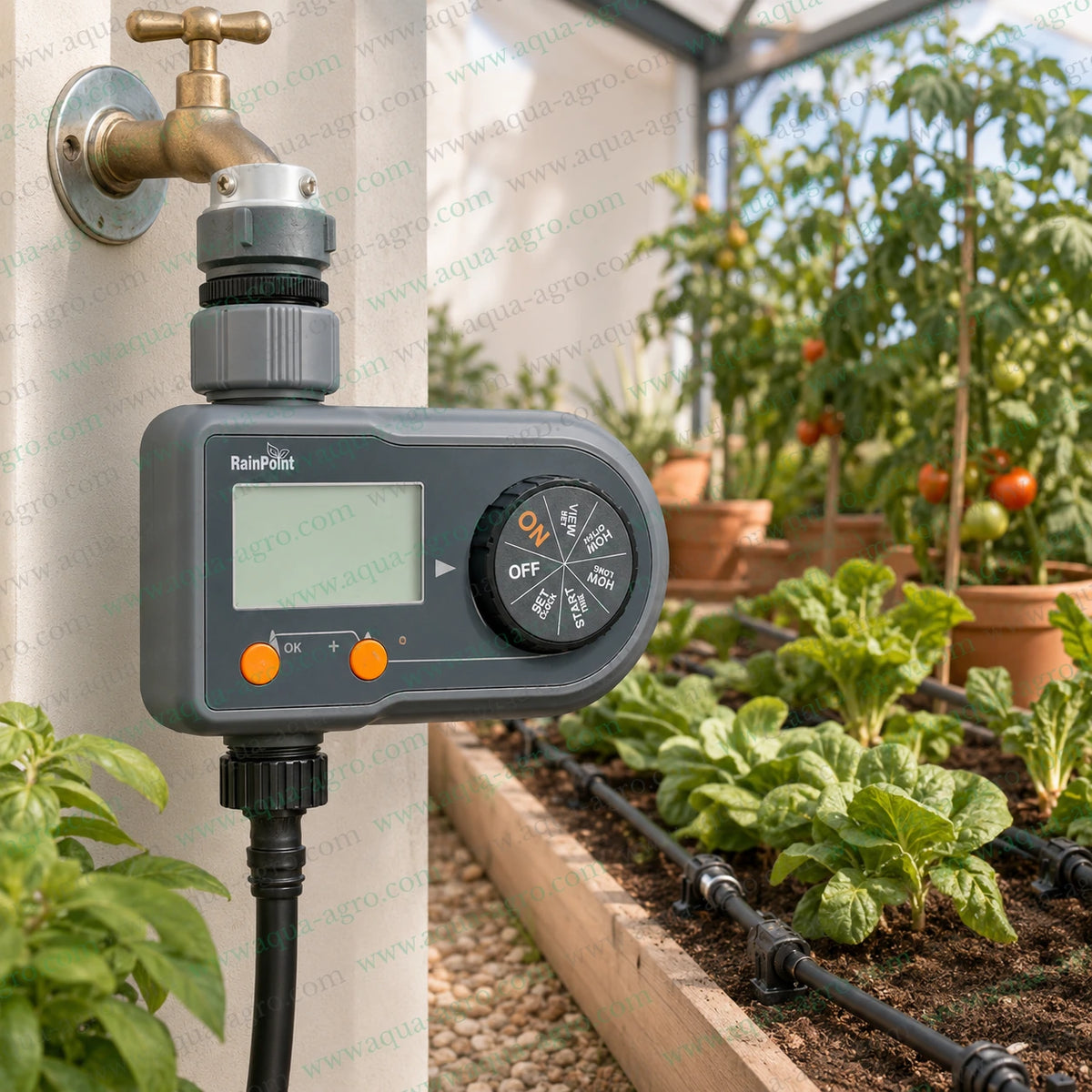 RainPoint M-ECO ITV-101P battery operated digital tap timer installed on garden faucet for automatic drip irrigation and vegetable garden watering