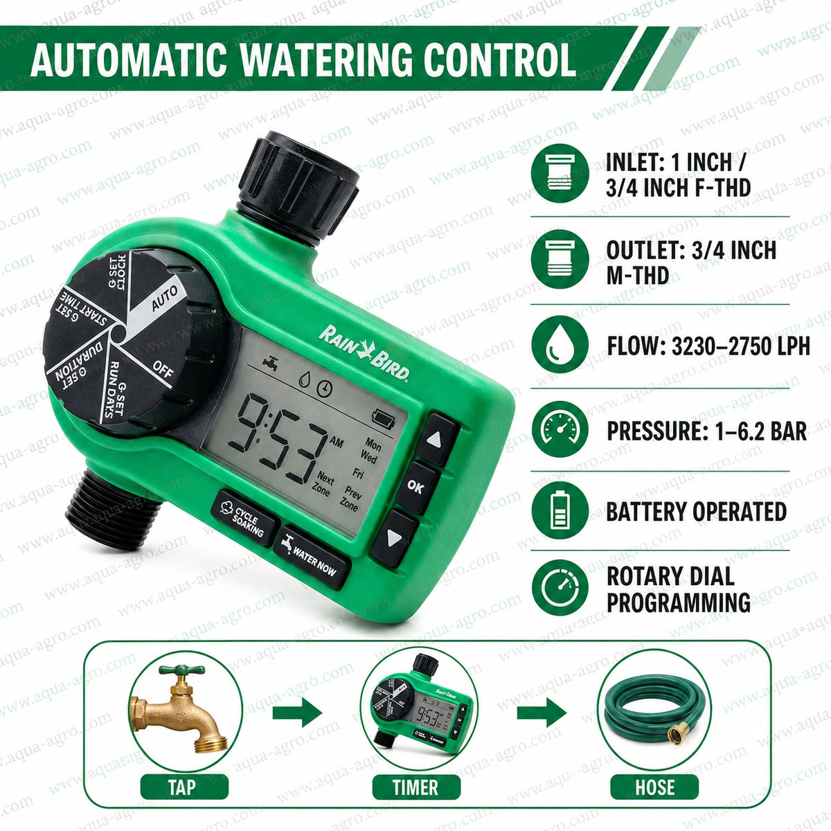 Rain Bird 1ZEHTMR battery operated digital irrigation tap timer with 3/4 inch outlet, rotary dial programming and automatic watering control