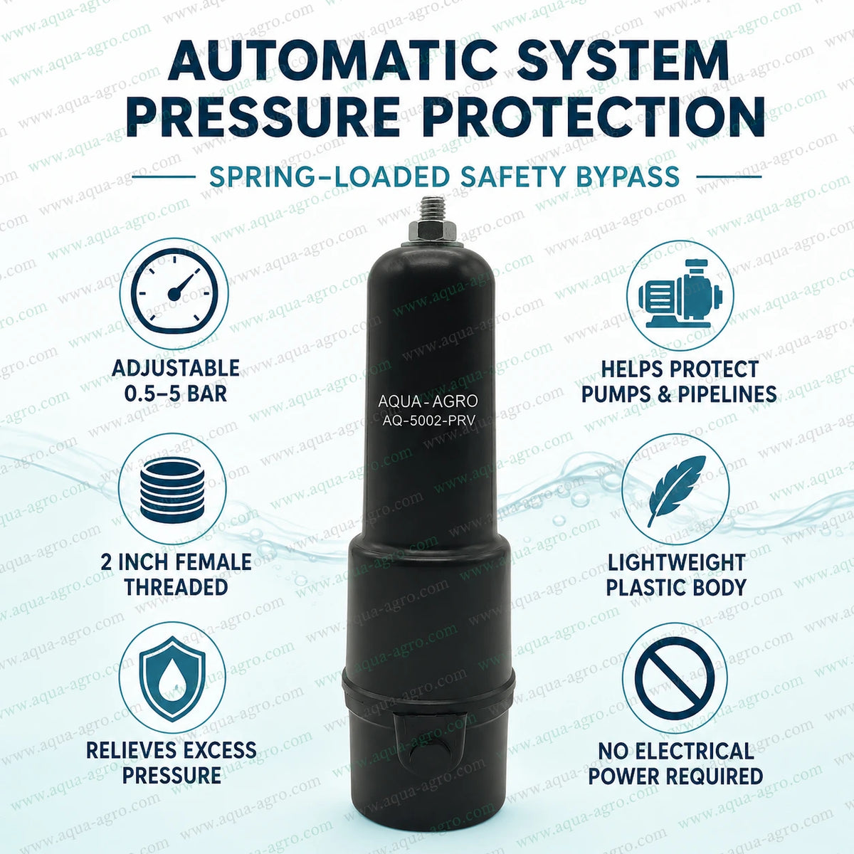 AQUA AGRO AQ-5002-PRV 2 inch 63mm spring loaded pressure release valve with female threaded connection black plastic body adjustable 0.5 to 5 bar pressure range and automatic bypass safety mechanism for irrigation pipelines