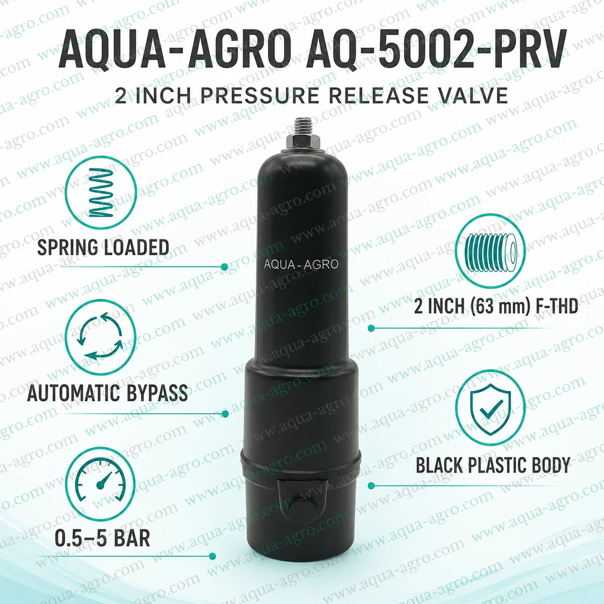 AQUA AGRO 2 inch automatic pressure relief valve AQ-5002-PRV with adjustable spring loaded bypass mechanism for excess water pressure release pump protection and agricultural irrigation pipeline safety without electrical power