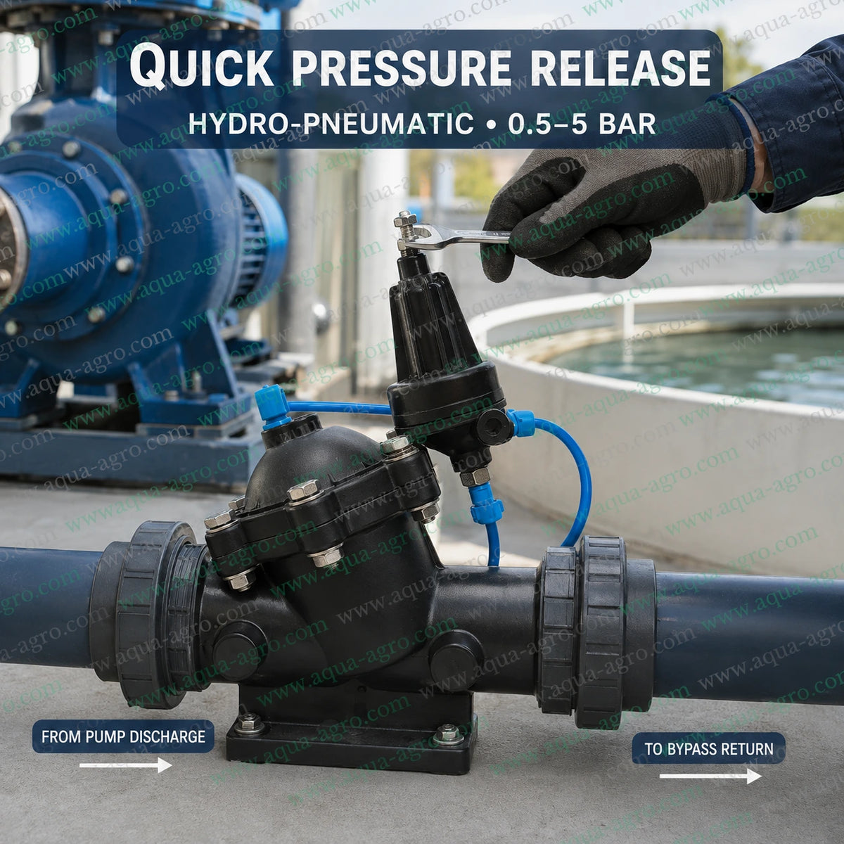AQUA AGRO AQ-5001-PRV 2 inch 63mm hydro pneumatic automatic pressure release valve featuring durable black plastic body adjustable pressure control automatic bypass operation and no electrical power requirement for agricultural irrigation systems
