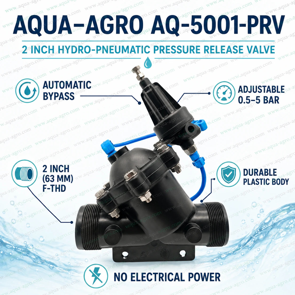 AQUA AGRO AQ-5001-PRV hydro pneumatic pressure relief valve with adjustable 0.5 to 5 bar pressure range pilot operated diaphragm automatic excess pressure bypass and 2 inch female threaded connection for irrigation pipeline safety