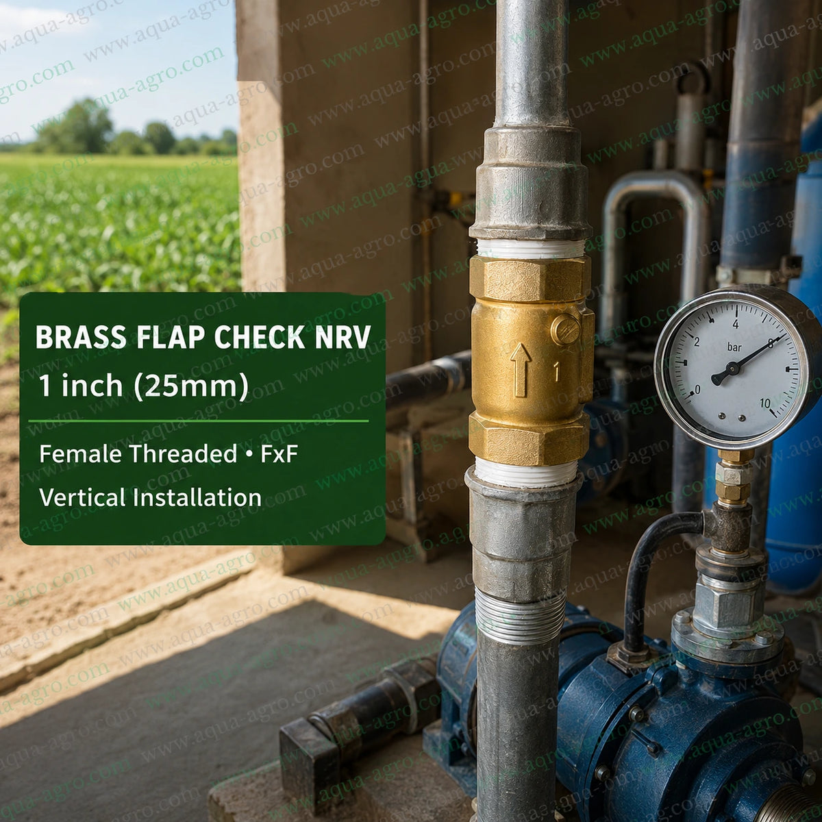 AQUA AGRO brass non return valve NRV 1 inch 25mm flap check valve with female threaded FxF ends vertical installation for irrigation pumps water pipelines and automatic backflow prevention
