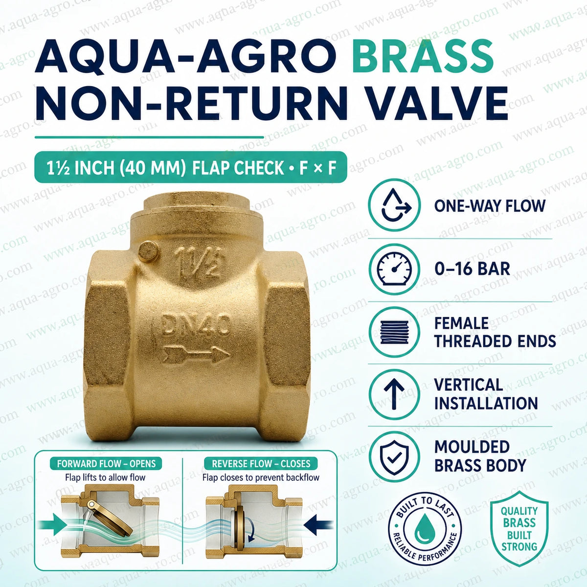 AQUA AGRO brass non return valve NRV 1.5 inch 40mm flap check valve with female threaded FxF ends one way flow protection 0 to 16 bar for irrigation pumps and water pipelines