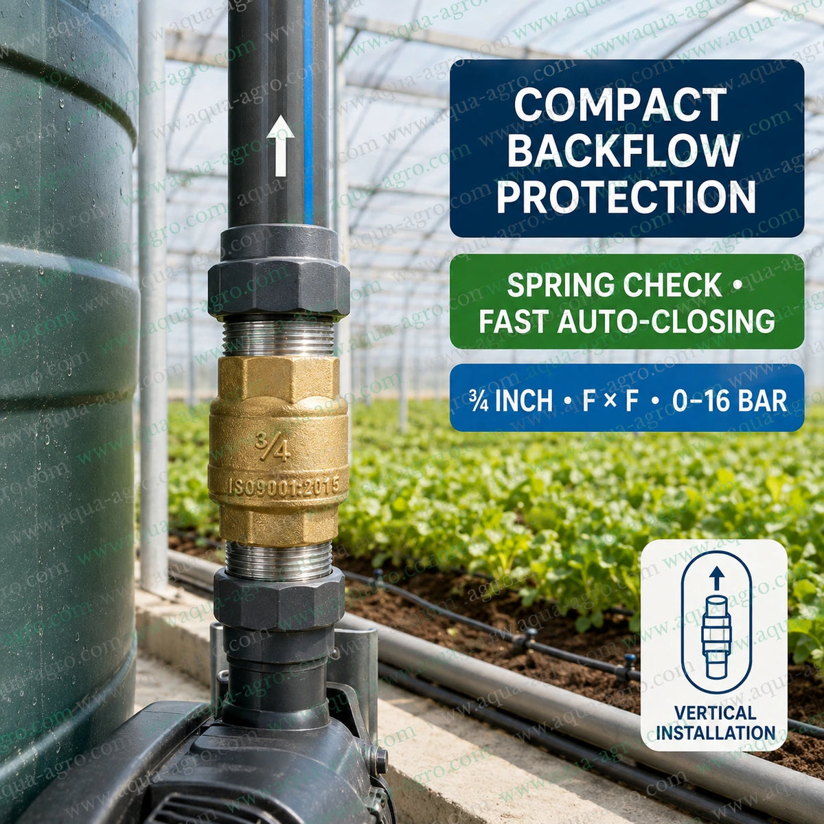 AQUA AGRO brass non return valve 0.75 inch 20mm spring check NRV installed vertically in irrigation pump pipeline with female threaded ends and automatic backflow protection