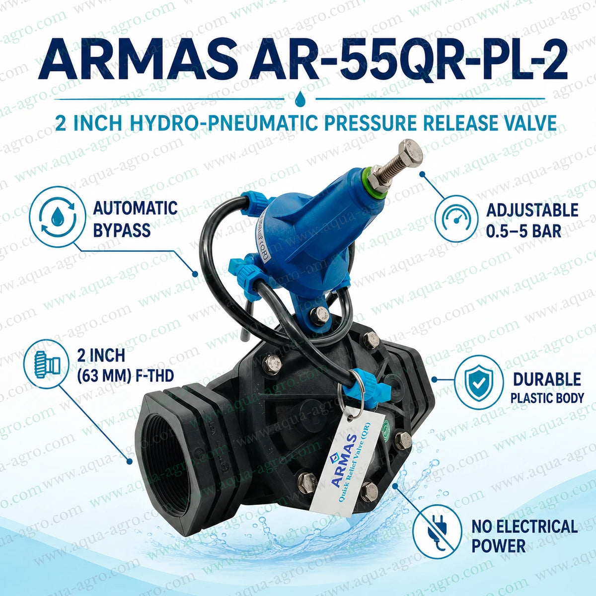 ARMAS AR-55QR-PL-2 hydro pneumatic automatic pressure release valve with 2 inch 63mm female threaded connection durable plastic body adjustable 0.5 to 5 bar pressure setting and automatic bypass operation without electrical power for agricultural irrigation pump and pipeline protection