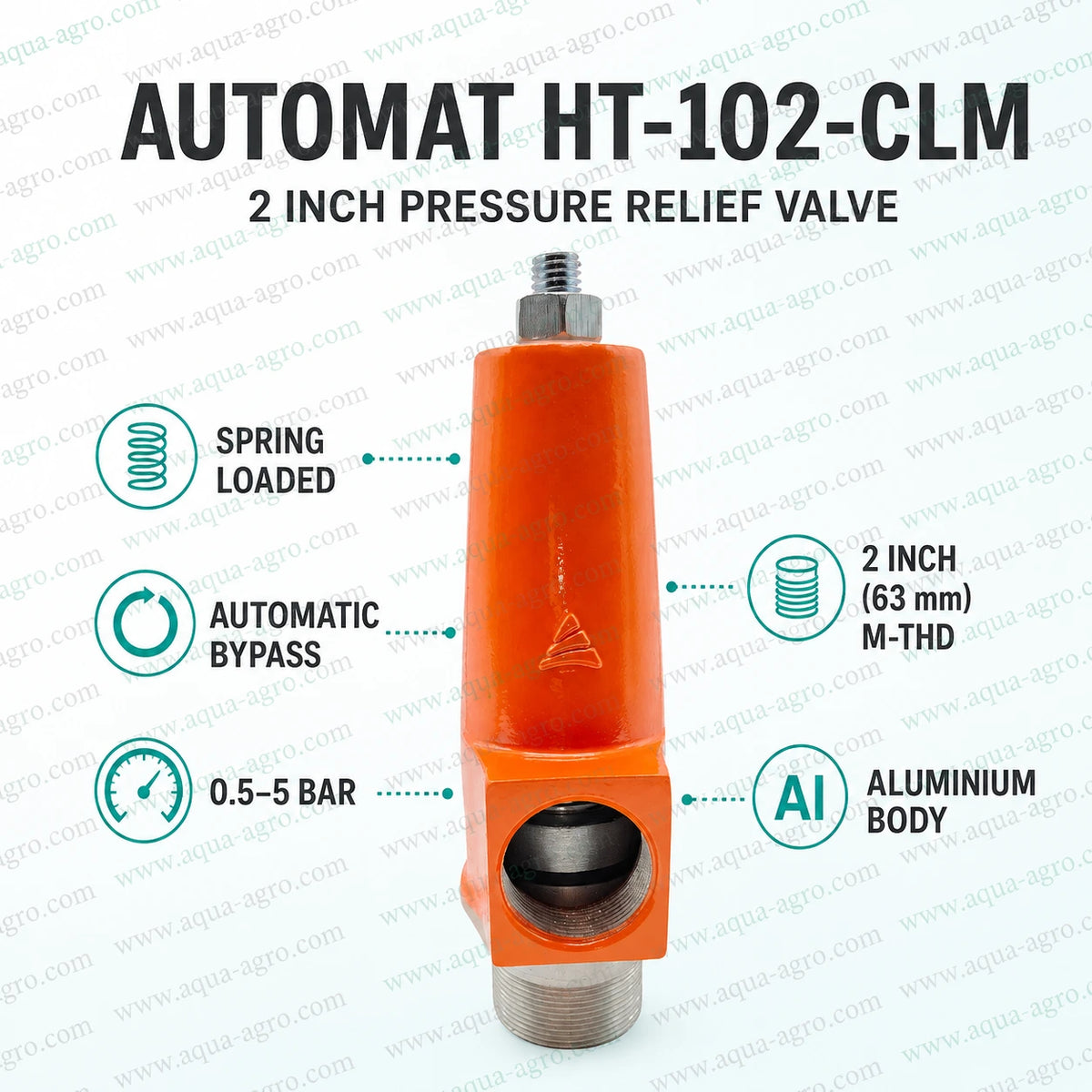 AUTOMAT HT-102-CLM 2 inch spring loaded pressure release valve with durable aluminium body adjustable pressure control automatic excess pressure bypass and 63mm male threaded inlet for agricultural irrigation and industrial water pipelines