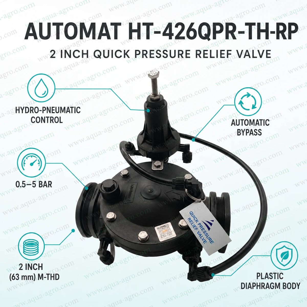 AUTOMAT HT-426QPR-TH-RP 2 inch 63mm quick pressure release valve featuring hydro pneumatic pressure control adjustable 0.5 to 5 bar pressure setting automatic bypass mechanism male threaded connections and durable plastic diaphragm body for irrigation systems