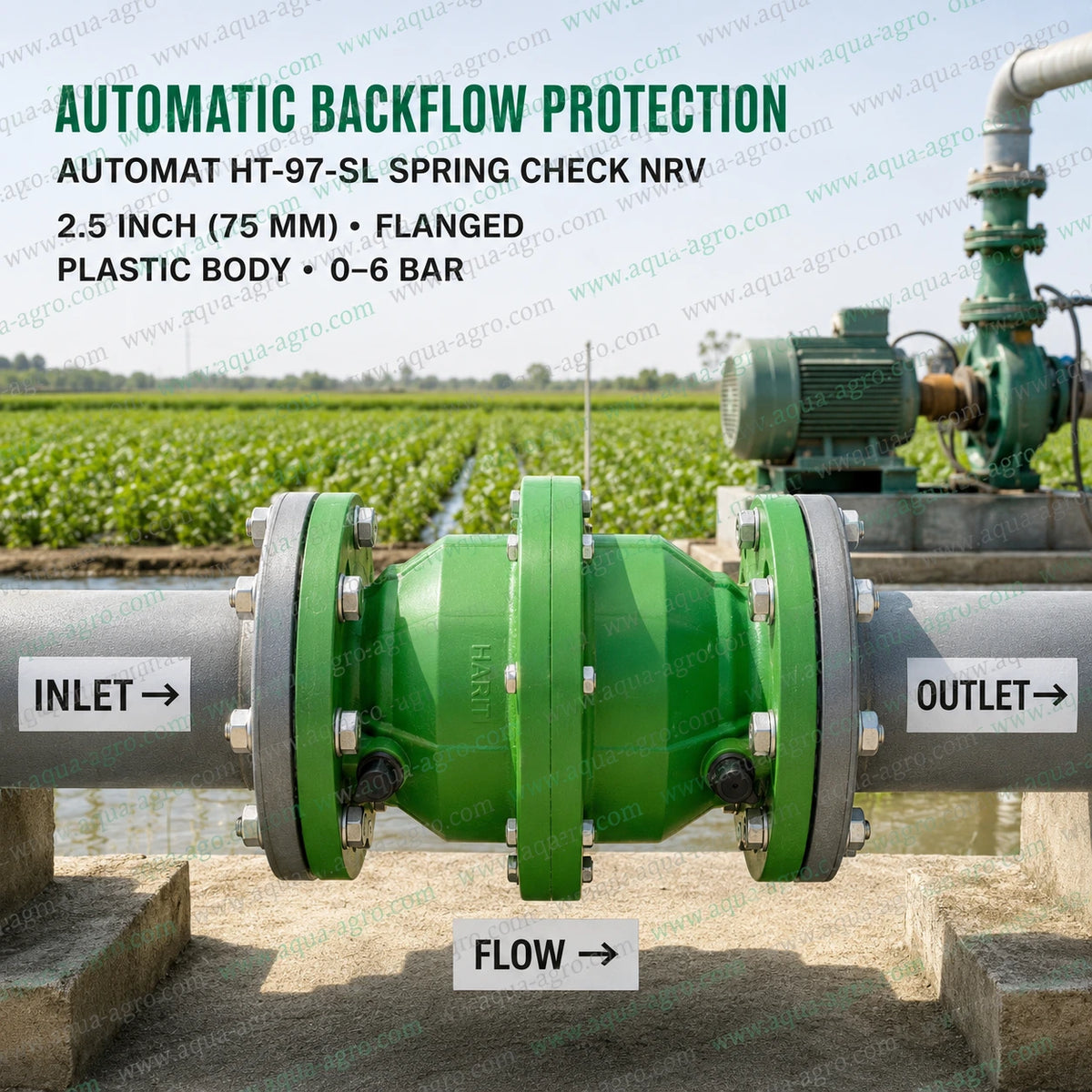 AUTOMAT HT-97-SL 2.5 inch 75mm flanged spring check NRV installed in agricultural irrigation pipeline for automatic backflow prevention and water flow control