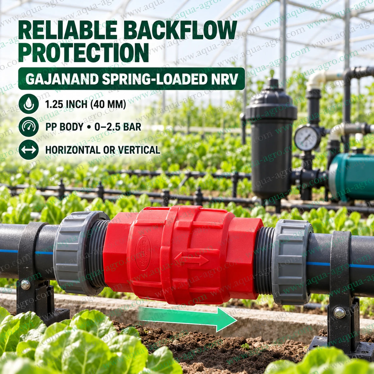 GAJANAND 1.25 inch 40mm plastic spring loaded NRV installed in agricultural irrigation pipeline for reliable one way water flow and backflow prevention
