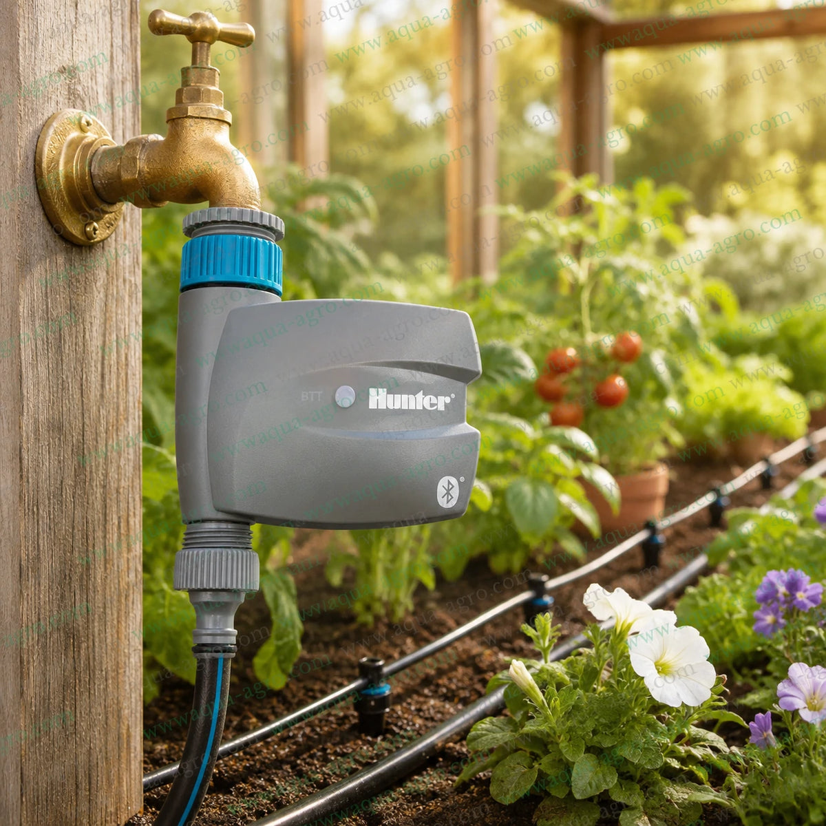 Hunter BTT-101 Bluetooth tap timer installed on garden faucet for automatic drip irrigation and smart garden watering control