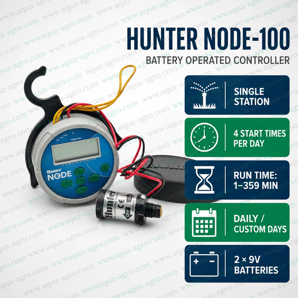 Hunter NODE-100 single station battery operated irrigation controller with 9V DC latching solenoid, 4 start times and programmable watering schedule