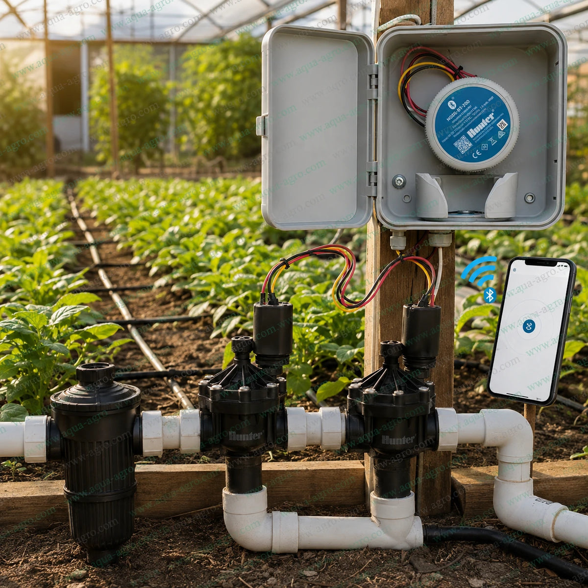 Hunter NODE-BT-200 Bluetooth irrigation controller installed with two solenoid valves for smartphone controlled dual-zone automatic drip irrigation system