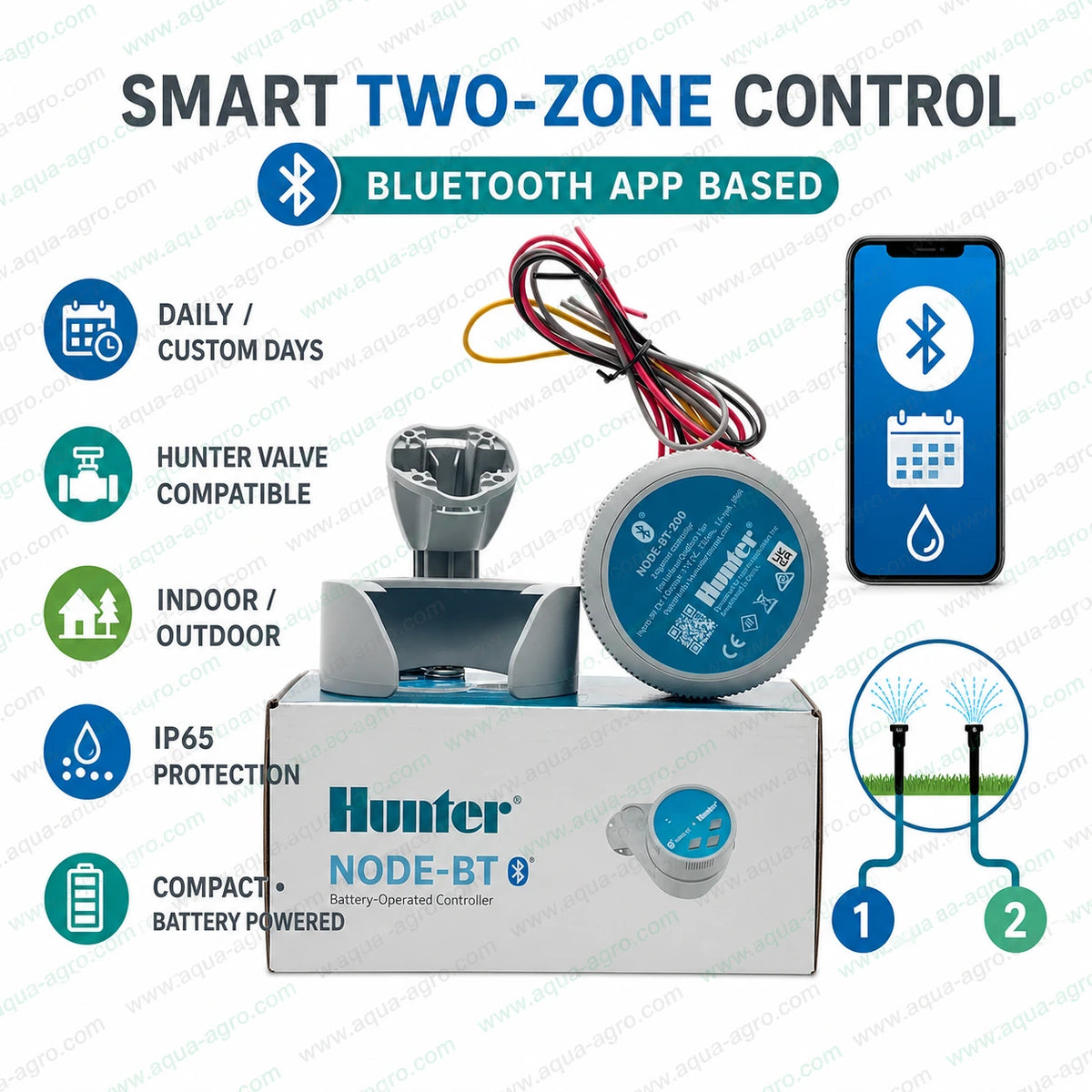 Hunter NODE-BT-200 Bluetooth battery operated irrigation controller for smart two-zone automatic irrigation with dual station control and IP65 protection