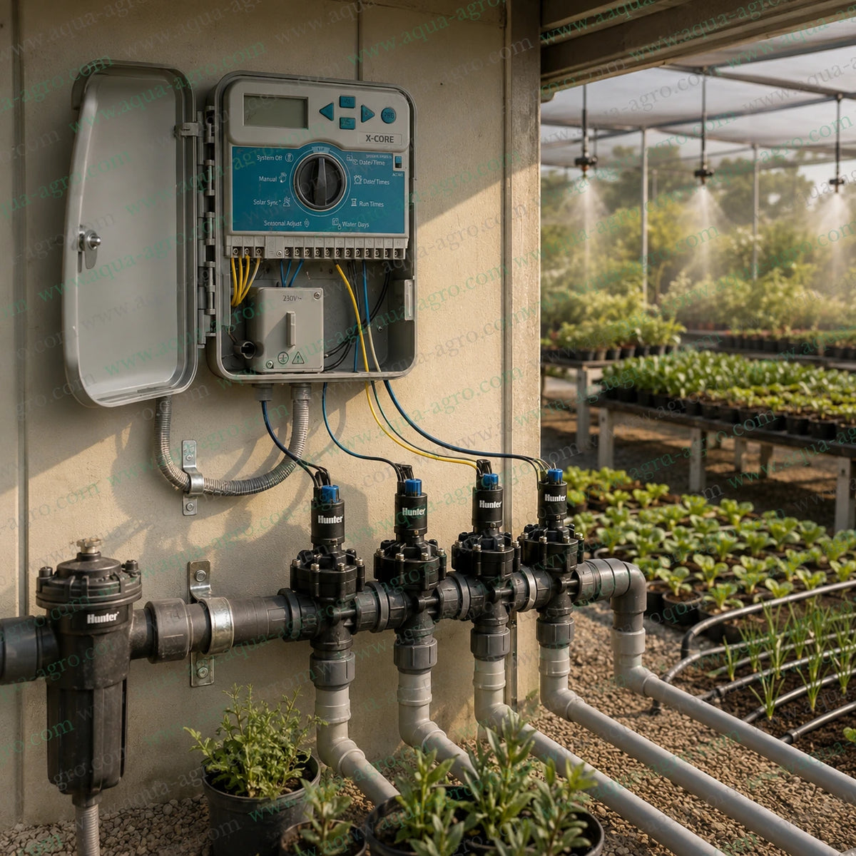 Hunter XC-401-E-230V 4 zone irrigation controller installed with solenoid valves for automatic greenhouse garden and landscape watering system