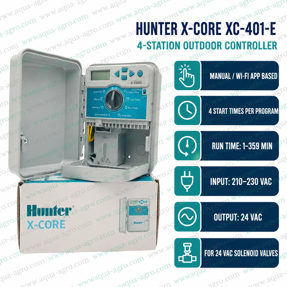 Hunter X-Core XC-401-E-230V outdoor irrigation controller with 4 stations 24 VAC output and automatic sprinkler system programming