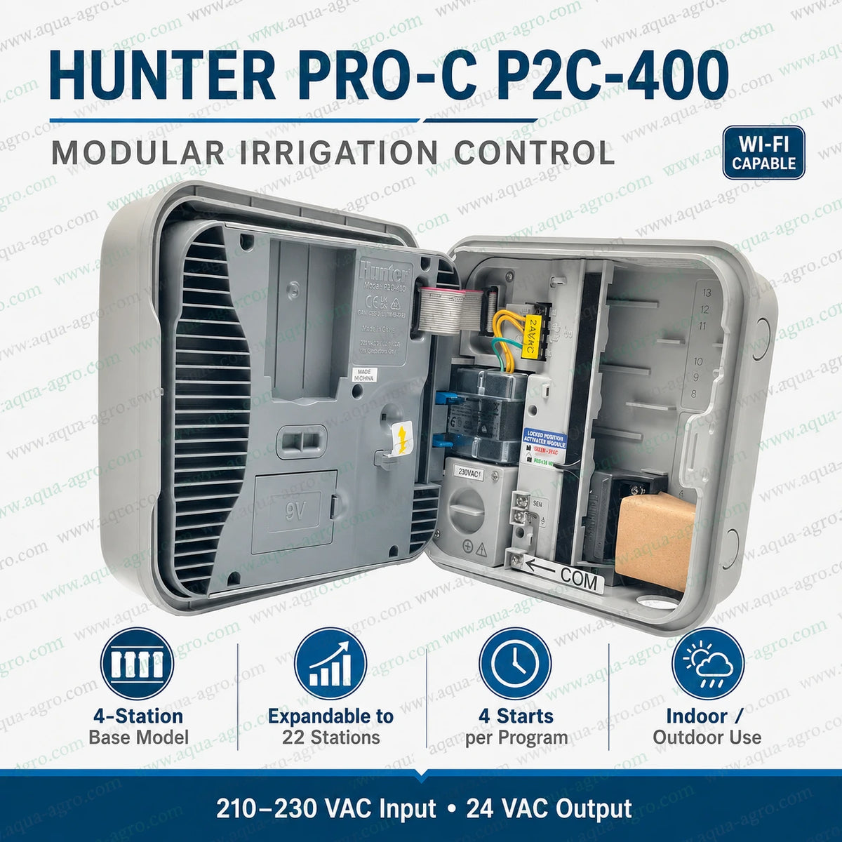 Hunter P2C400 PRO-C Series Wi-Fi capable modular irrigation controller with 4 station base, expandable 22 station capacity and 24VAC valve output