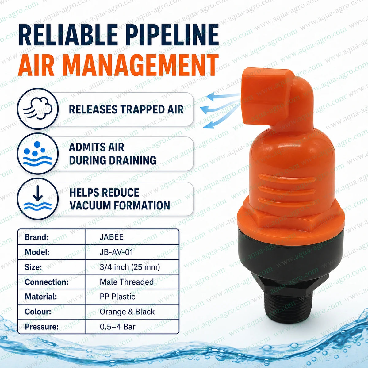 JABEE JB-AV-01 3/4 Inch 25mm Plastic Air Release And Vacuum Relief Valve Male Threaded For Irrigation Systems