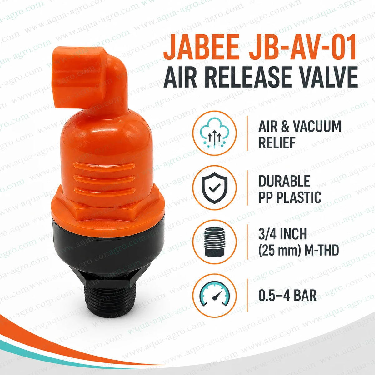 JABEE JB-AV-01 Air Release Valve 0.75 Inch 25mm Male Threaded PP Plastic Valve For Pipeline Air And Vacuum Management
